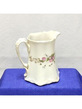 US Pottery Semi-Vitreous Porcelain Pitcher w/ Gold Gilding Floral Design Antique